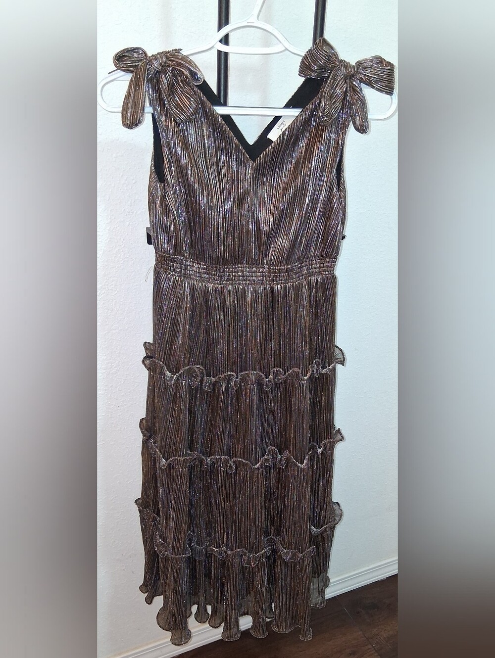 Girls Metallic Pleated Tiered V-Neck Dress in Bronze